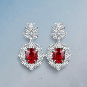 Ovale robijndruppeloorbellen, duivenbloedrode robijnoorbellen, hart Marquise diamanten halo-oorbellen, 925 zilveren kroonluchteroorbellen, geboortesteen juli