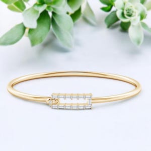 Baguette Diamond Bangle | Rectangular Frame Hook Clasp, Minimalist Gold Bracelet