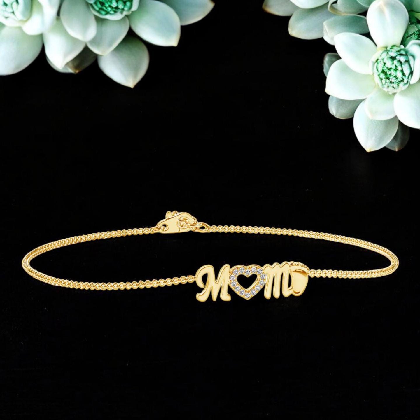 Gold MOM Bracelet with Diamond Heart Baby Footprint Charm Dainty New Mom Jewelry