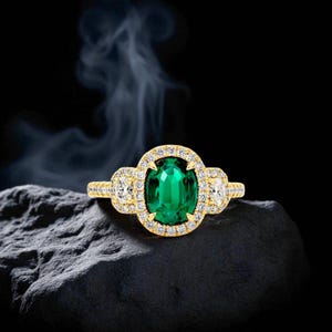 Bague émeraude Art déco : pierre verte ovale, halo de zircons, argent 925