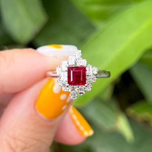 Red Ruby Square Halo Ring, Art Deco Baguette Zarcoin Ring, July Birthstone Ring, Vintage Starburst Engagement Ring, Silver Gold