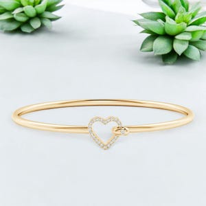 Solid Gold Heart Bangle Bracelet | Diamond Accent Clasp, Minimalist Jewelry