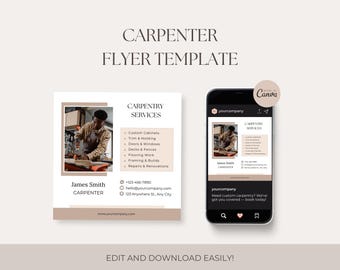 Plantilla de volante de carpintero, volante de carpintería, publicación en redes sociales, volante promocional, anuncio de carpintería, Canva, descarga digital, pequeñas empresas