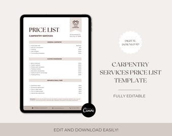 Lista de precios de carpintería, precios de servicios de carpintería, plantilla de carpintería, plantilla editable de Canva, descarga digital, pequeñas empresas