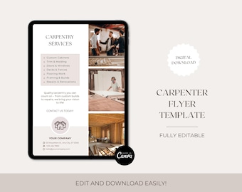 Plantilla de volante de carpintero, volante de carpintería, volante promocional, plantilla de carpintería, plantilla de Canva, descarga digital, pequeña empresa