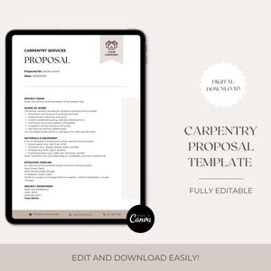 May include: A digital carpentry proposal template displayed on a tablet. The document includes sections for project name, scope of work, materials, and estimated timeline. The template is fully editable and available for digital download.