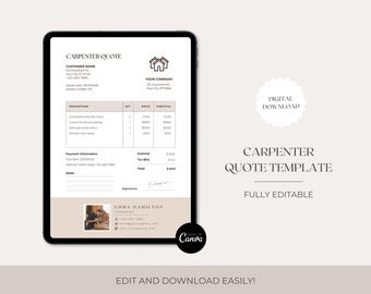 Plantilla de presupuesto de carpintería, presupuesto de carpintero, plantilla de presupuesto, formulario de presupuesto, plantilla de presupuesto, Canva, descarga digital, pequeñas empresas