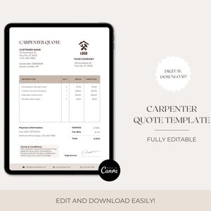 Puede incluir: Una plantilla digital de presupuesto de carpintero que se muestra en una tableta negra. El documento presenta secciones para los detalles del cliente, un logotipo de la empresa y los costos detallados. El texto incluye "Carpenter Quote Template".