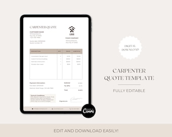 Plantilla de presupuesto de carpintería, presupuesto de carpintero, plantilla de presupuesto, formulario de presupuesto, plantilla de presupuesto, descarga digital, Canva, pequeñas empresas