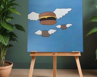 Pintura de hamburguesa voladora, arte original, decoración de pared de cocina original, comida divertida, lienzo o papel pintado a mano, regalo personalizado, enmarcado.