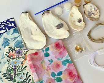 Kit de decoupage de conchas de ostra, kit de manualidades DIY con caja, proyecto de arte costero, artesanía de conchas marinas, regalo, decoración de casa de playa hecha a mano, kit de bricolaje de conchas de ostra
