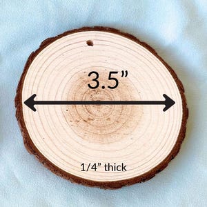 May include: A round, natural wood slice with a hole at the top. The diameter is 3.5 inches, and it is 1/4 inch thick. The wood has a light brown center with a darker brown bark edge. The text "3.5" and "1/4" thick" are displayed.
