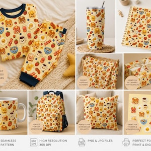 May include: A collection of items featuring a seamless breakfast pattern with cartoon pancakes, eggs, bacon, toast, and fruit on a yellow background. Included are pajamas, a tumbler, a notebook, a blanket, a gift box, a mug, a backpack, and a pillow.