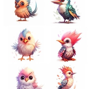 Puede incluir: Una colección de seis ilustraciones de aves estilizadas con diversas paletas de colores, incluyendo tonos azules, naranjas, rosas y blancos. Cada ave tiene ojos grandes, un pico puntiagudo y patrones de plumaje distintos en una cuadrícula.