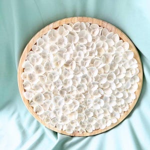 以下が含まれることがあります： 小さな白い花びらの形をしたオブジェクトがたくさん入った丸い木製のトレイ。トレイは明るい茶色の自然な木材仕上げです。オブジェクトは密集して詰め込まれ、テクスチャのある花のようなパターンを作り出しています。背景は明るいティール色の生地です。