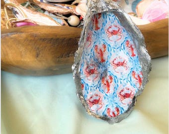 Plato de baratijas de concha de ostra, soporte de joyería costera plateada, cangrejo azul y rojo, langosta, cangrejo de río, decoración náutica para casa de playa, decoupage, regalo para su cumpleaños