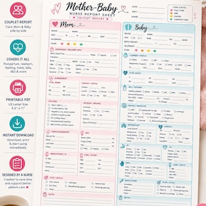 May include: A Mother-Baby nurse report sheet printable PDF in US Letter size. The document features a pink section for mom and a blue section for baby, with fields for vital signs, assessment, I&O, feeding, medications, and labs. Includes icons and text.