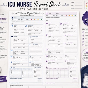 Könnte beinhalten: Ein weißes ICU-Pflegebericht-Blatt mit violettem und blauem Text sowie Symbolen, konzipiert für zwei Patienten pro Seite. Das Dokument enthält Abschnitte für Vitalwerte, Neuro, Atmung, Herz, Zugänge, Leitungen, Infusionen, GI, GU, Haut, Wunden und Labordaten.