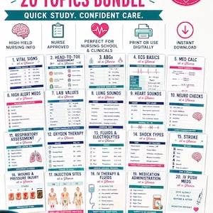 May include: A collection of 20 nursing cheat sheets featuring medical topics like vital signs, ABGs, and med calc. The bundle includes colourful charts, diagrams, and text for clinical reference, displayed alongside a stethoscope and a spiral notebook.