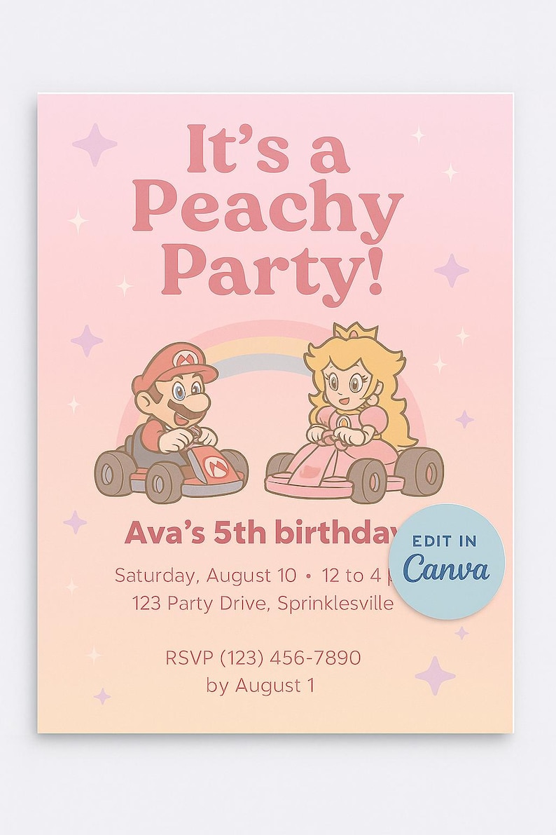 May include: A pink birthday party invitation with the text "It's a Peachy Party!" features Mario and Princess Peach in go-karts. The invitation includes event details and a Canva edit button.