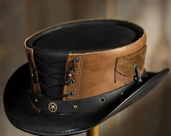 Handmade Black & Brown Leather Steampunk Top Hat – Gothic Victorian Corset Hat for Men