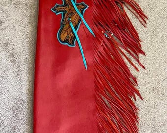 Red Leather Rodeo Chaps – Hand-Tooled Western Cowboy Chaps with Fringe & Cross Design – Barrel Racing Horse Riding Gear