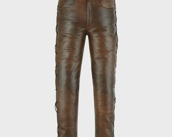 Brown Leather Motorcycle Pants with Side Laces | Men’s Biker Trousers | Heavy Duty Genuine Leather Riding Gear | Rocker Punk Pants