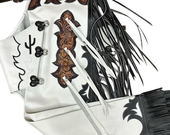 Western Leather Chaps – Tooled Floral Rodeo Chaps with Fringe – Cowboy Horse Riding Gear – Custom Rodeo Outfit