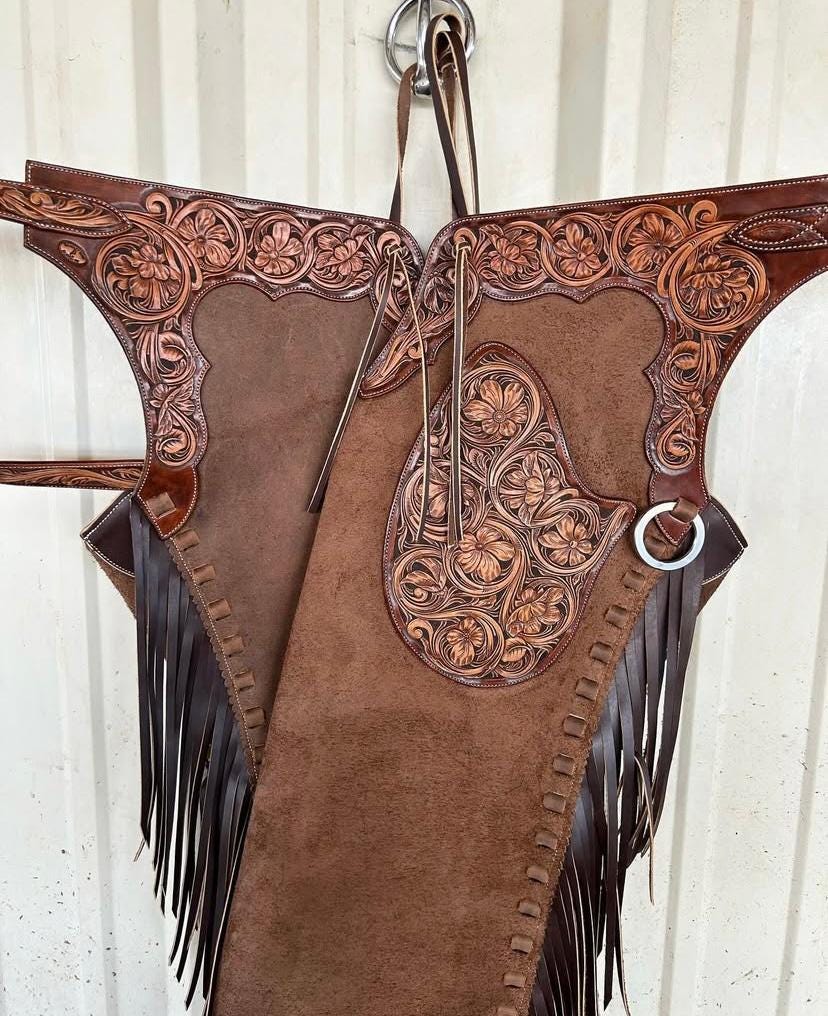 Hand-tooled Western Cowboy Chaps Premium Leather with Floral Tooling & Fringes- Custom Western Rodeo Cowboy Gear.