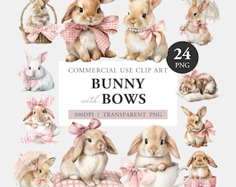 May include: A collection of watercolor bunny clip art images. The bunnies are depicted in various poses, adorned with pink bows and accessories. The text reads "BUNNY with BOWS" and "COMMERCIAL USE CLIP ART".