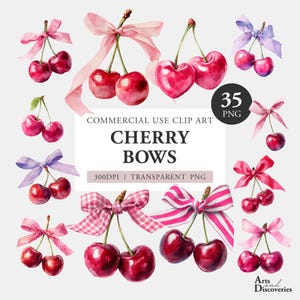 Pode incluir: Ilustração em aquarela de cerejas com laços rosa, roxos e brancos. A imagem inclui o texto "CHERRY BOWS" e "COMMERCIAL USE CLIP ART". A imagem também inclui o texto "35 PNG" e "300DPI | TRANSPARENT PNG".