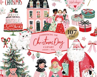 Rosa Weihnachts-Cliparts, Aquarell-Weihnachts-PNG, Wintertiere, Weihnachtskarten-Illustrationen, kommerzielle Nutzung