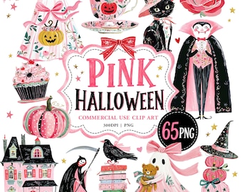 Pinke Halloween-Cliparts (PNG) – Niedlicher Geist, schwarze Katze, Kürbis, Vampir, Hexe, kokettes Gruselmotiv, kommerzielle Nutzung