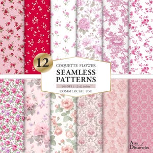 以下が含まれることがあります： ピンクと赤の色合いの12種類の「Coquette Flower Seamless Patterns」のコレクション。パターンには、バラや小さなフラワーアレンジメントなどのフローラルデザインが含まれており、サイズは30.48 x 30.48 cmです。商用利用向けです。