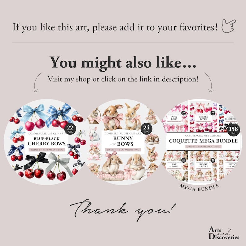 K&ouml;nnte beinhalten: Ein Bild mit drei kreisf&ouml;rmigen Grafiken mit Aquarellillustrationen. Die Grafiken zeigen Kirschschleifen, Hasenschleifen und ein Coquette-Mega-Bundle. Der Text enth&auml;lt "Das k&ouml;nnte Ihnen auch gefallen..."