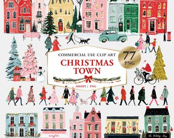 Weihnachtshaus-Cliparts, Aquarell-Weihnachtsstadt (PNG), Winterdorf, Illustration für Weihnachtskarten, kommerzielle Nutzung