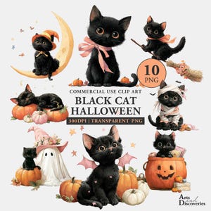 Pode incluir: Uma coleção digital de 10 imagens clip art PNG com gatos pretos em temas de Halloween, incluindo gatos com abóboras, uma lua crescente, um traje de fantasma, faixas de múmia e asas de morcego, com texto COMMERCIAL USE CLIP ART.