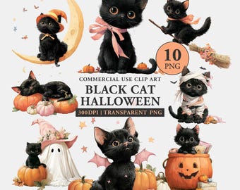 Black Cat Halloween Clipart, Pastel Watercolor PNG Set, Cute Spooky Kawaii Cats with Ghost, Pumpkins, Witch Hats, Bows, Sublimation Designs