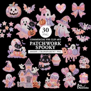 以下が含まれることがあります： パッチワークのハロウィーンをテーマにしたクリップアートのコレクション。画像には、幽霊、カボチャ、コウモリ、猫、お化け屋敷、そして「Boo！」という言葉が含まれています。パレットの色は、パステルピンク、パープル、オレンジです。テキストは「PATCHWORK SPOOKY」と書かれています。