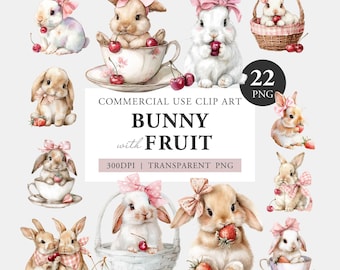 May include: Watercolor clip art featuring bunnies with pink bows and fruit. The image includes bunnies in teacups, baskets, and holding cherries and strawberries. Text reads "BUNNY with FRUIT" and "COMMERCIAL USE CLIP ART".
