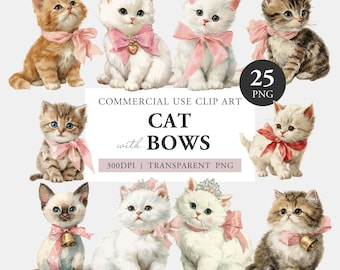 Cat Watercolor Clipart, Cat with Bows PNG, Coquette Kitten, Digital Download, Commercial Use