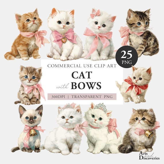 Cat with Bows Clipart, Watercolor Cat PNG, Coquette Kitten, Digital Download, Commercial Use
