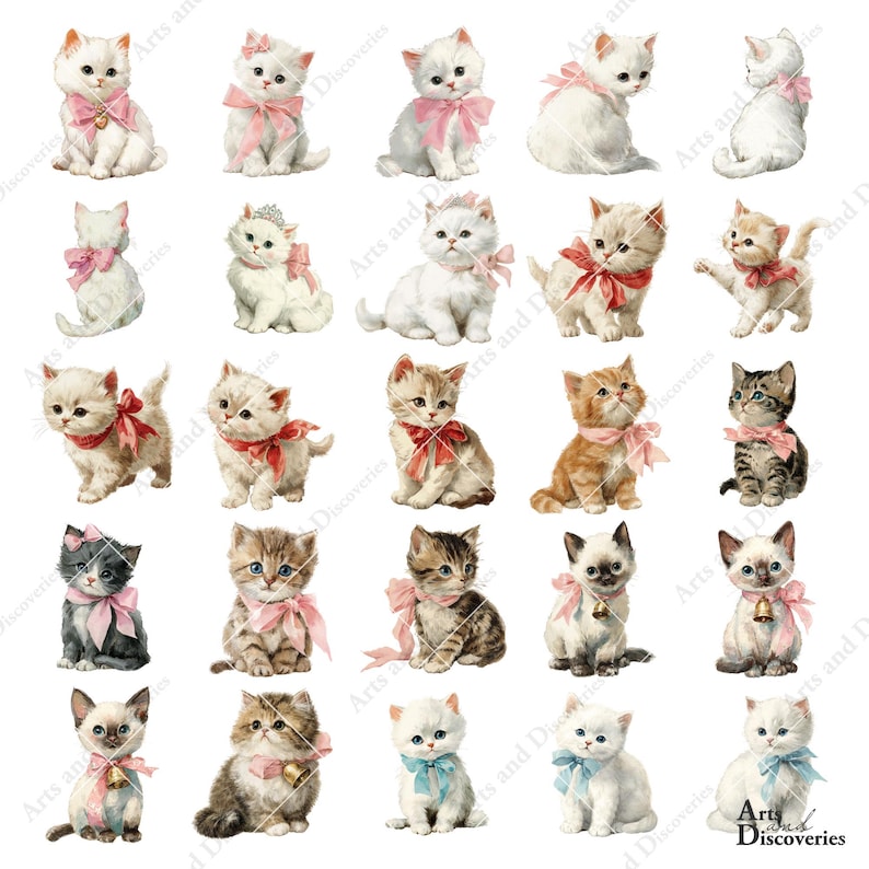 K&ouml;nnte beinhalten: Eine Sammlung von Aquarellillustrationen von K&auml;tzchen. Die K&auml;tzchen werden in verschiedenen Posen dargestellt, mit unterschiedlichen Fellmustern und -farben, darunter Wei&szlig;, Grau, Braun und Orange. Jedes K&auml;tzchen tr&auml;gt ein Band oder eine Schleife, einige mit Gl&ouml;ckchen, in Rosa-, Rot- und Blaut&ouml;nen.
