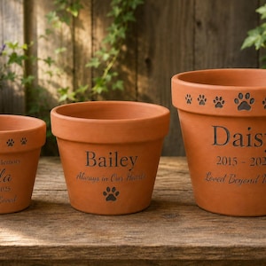 May include: Three terracotta flower pots of varying sizes, each engraved with pet names and memorial text. The smallest reads Bella, the middle Bailey, and the largest Daisy, all featuring paw print motifs and dates of birth and passing.