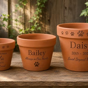 May include: Three terracotta flower pots of varying sizes, each engraved with pet names and memorial text. The smallest reads Bella, the middle Bailey, and the largest Daisy, all featuring paw print cutouts along the upper rim.