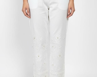 White Chikankari Lycra Cotton Pants – Handmade Lucknow Chikan With Mukaish Work Straight Ethnic Bottoms – Elastic Waist Women’s Pant
