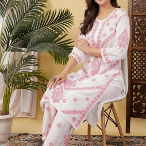 Women Handmade Rayon Cotton Kurta Pant Set Lucknowi Chikankari Ethnic Party Wear Dress/ Chikan Kurta/ Chikankari Dress/ Rayon Chikan Set