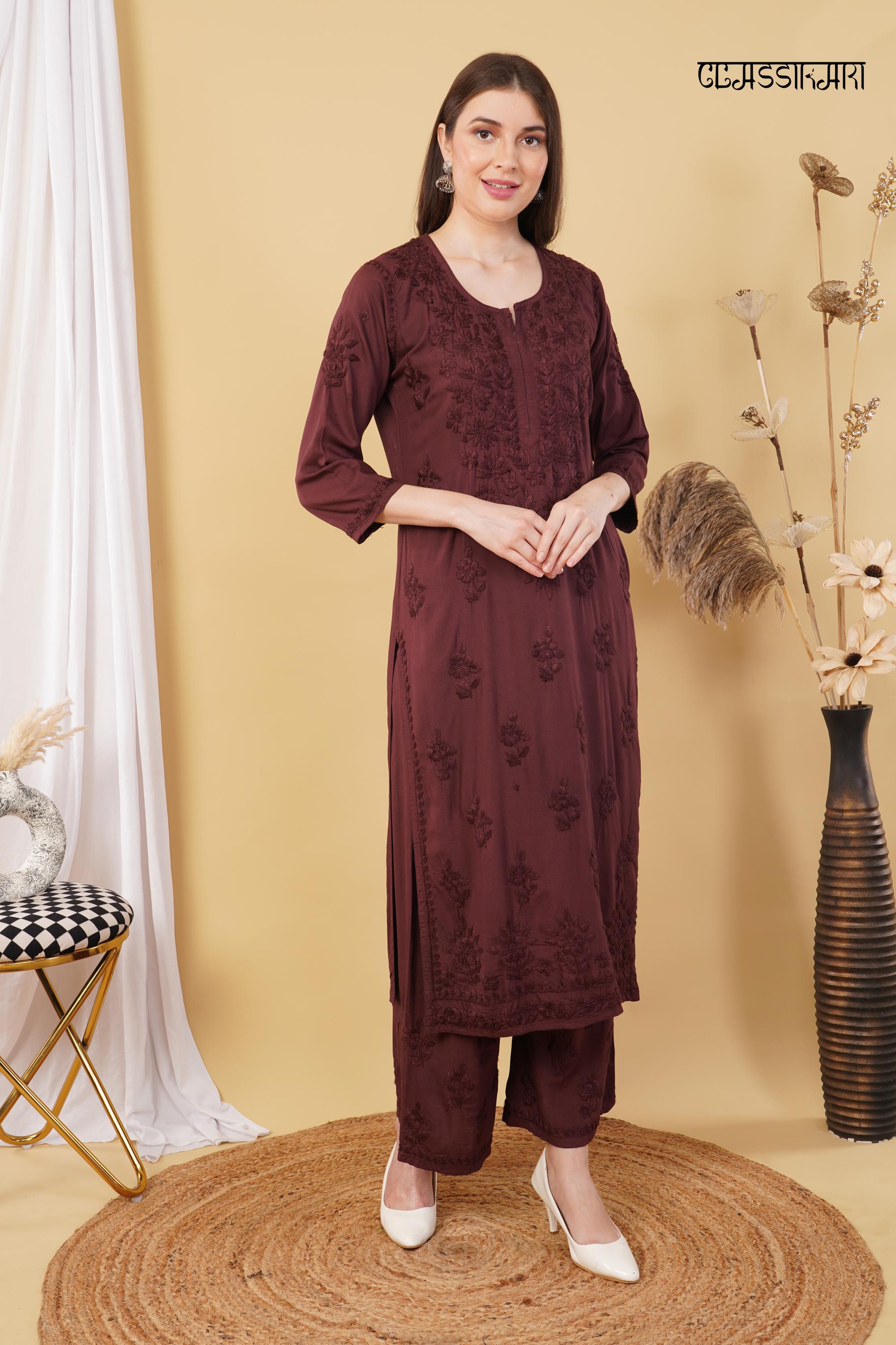 chinese dress ladies Women's Lucknowi Handcrafted Cotton Chikankari Long Dress