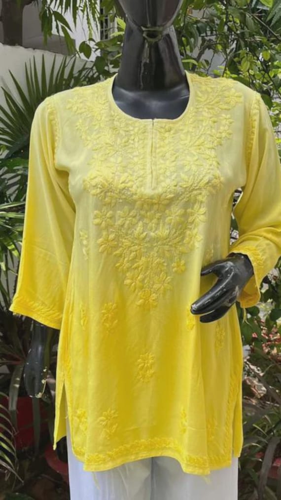 Handmade Lucknowi Chikankari Short Kurti | Rayon Embroidered Kurta Tunic Top for Women | Indian Tunic | Summer Tops | Short Kurtis For Women