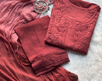 Handmade Chikankari Kurta with Palazzo and Dupatta, Indian Ethnic Rayon Kurti Palazzo Set,Women's Embroidered Salwar Kameez with Free Jhumka